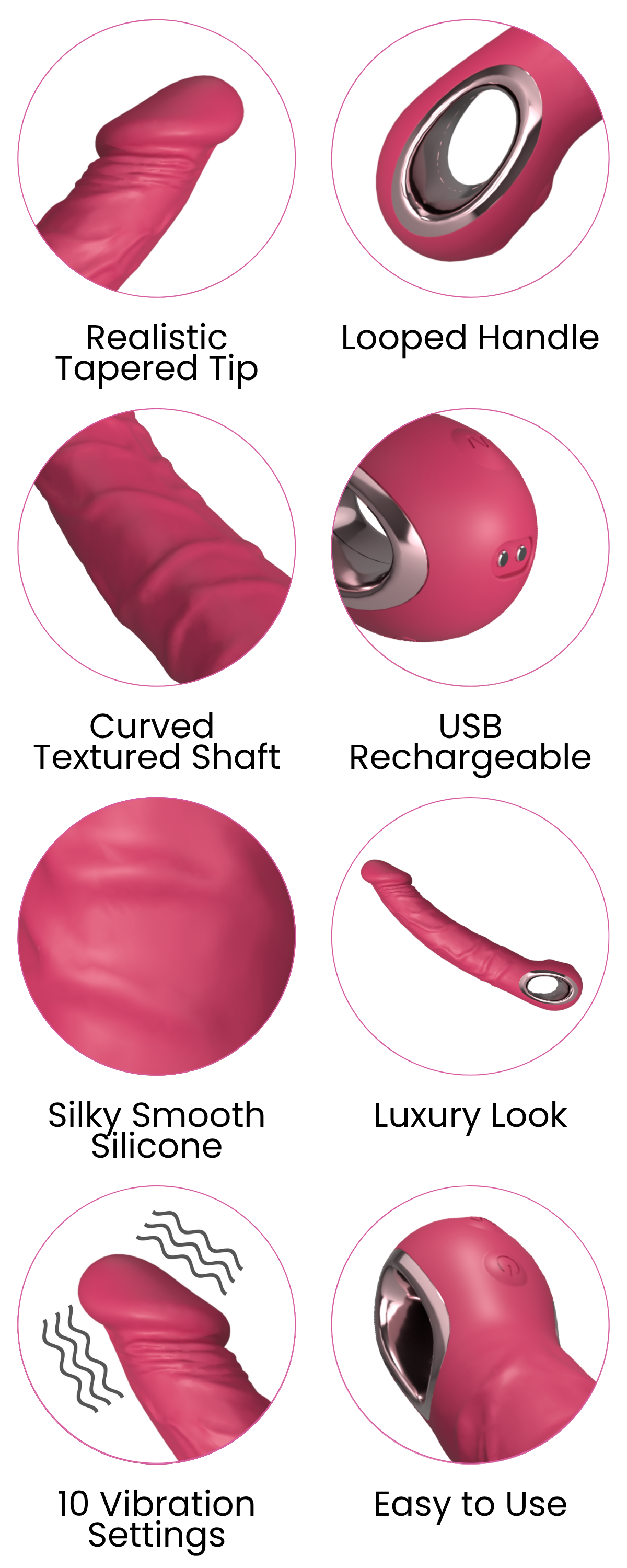 Realistic Tapered Tip, Looped Handle, Curved  Textured Shaft, USB Rechargeable, Silky Smooth Silicone, Luxury Look, 10 Vibration Settings, Easy to Use