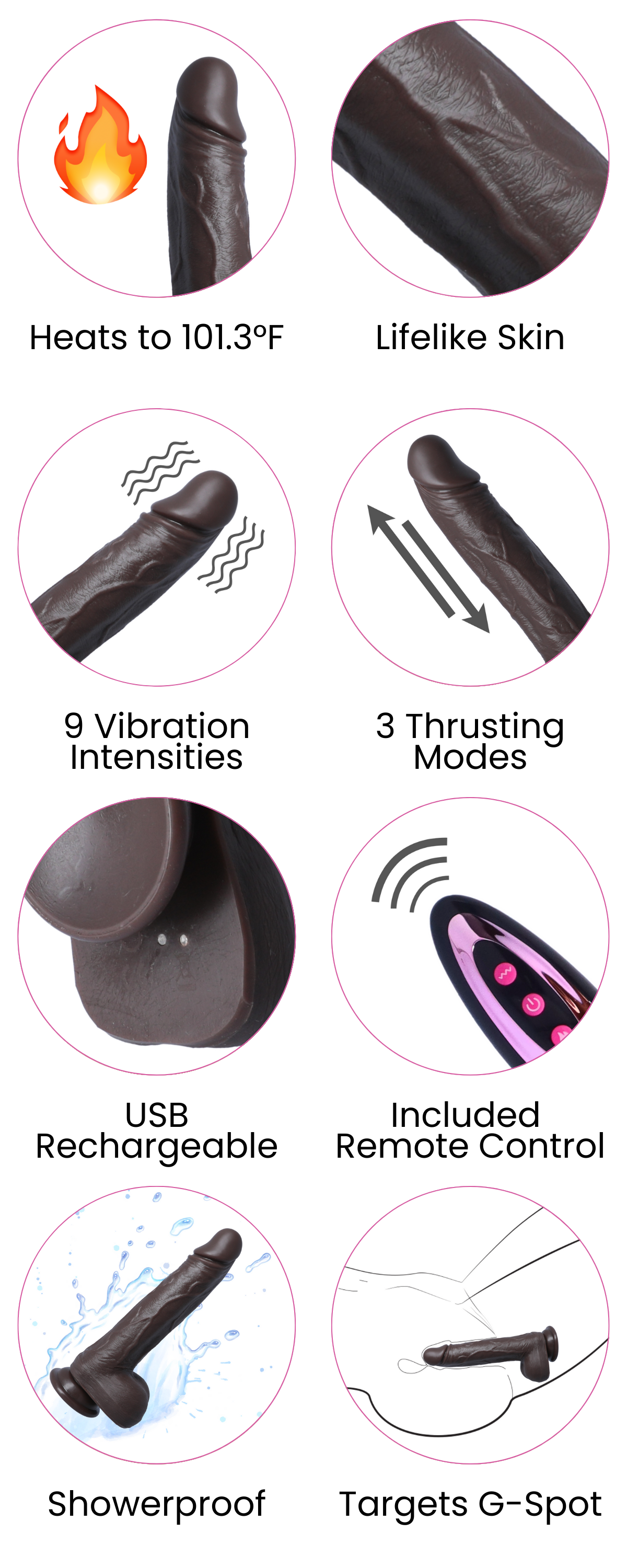 Heats to 101.3°F, Lifelike Skin, 3 Thrusting Modes, 9 Vibration Intensities, USB Rechargeable, Included  Remote Control, Showerproof, Targets G-Spot