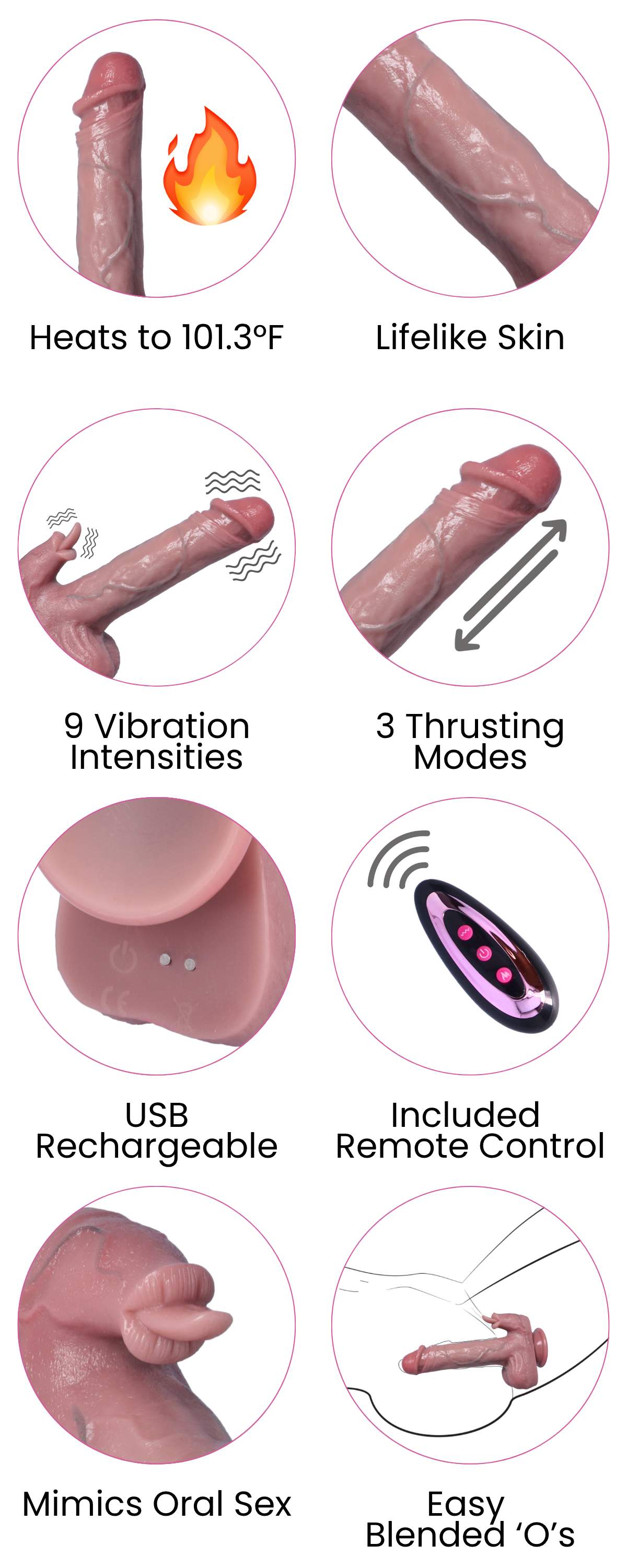 Heats to 101.3°F, Lifelike Skin, 9 Vibration Intensities, 3 Thrusting Modes, USB Rechargeable, Included Remote Control, Mimics Oral Sex, Easy  Blended ‘O’s