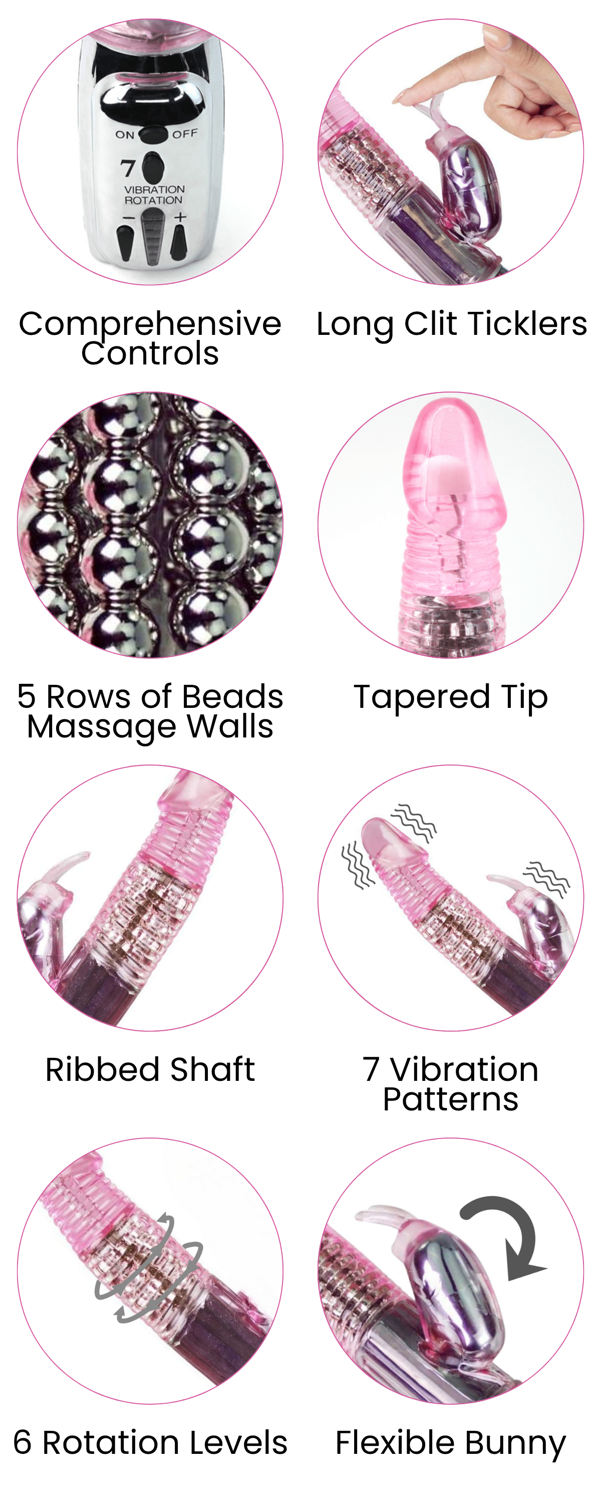 Comprehensive Controls, Long Clit Ticklers, 5 Rows of Beads Massage Walls, Tapered Tip, Ribbed Shaft, 7 Vibration Patterns, 6 Rotation Levels, Flexible Bunny