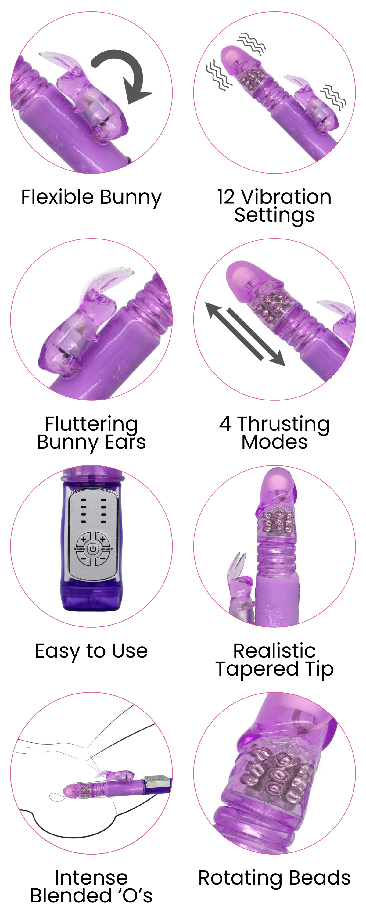 Flexible Bunny, Intense Blended ‘O’s,m Easy to Use, Rotating Beads, Realistic Tapered Tip, Fluttering Bunny Ears, 12 Vibration Settings, 4 Thrusting Modes, 