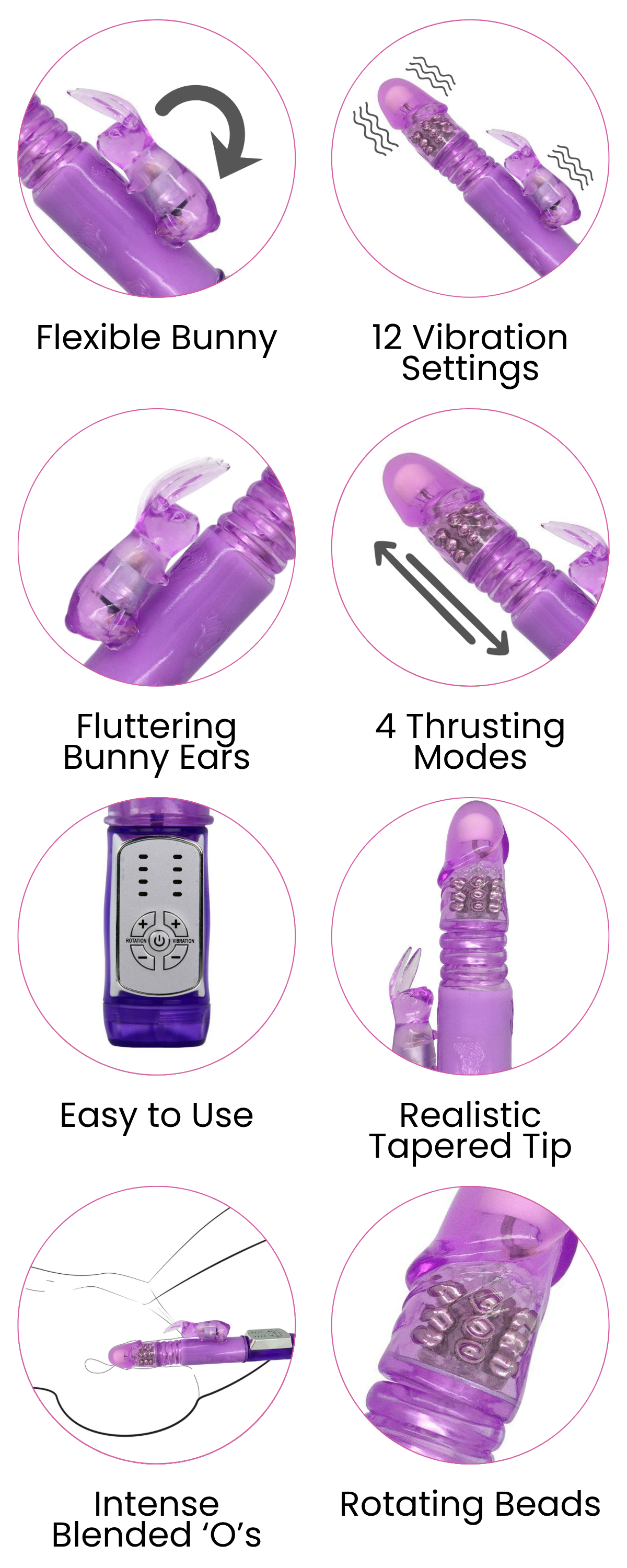 Flexible Bunny, 12 Vibration Settings, Fluttering Bunny Ears, 4 Thrusting Modes, Easy to Use, Realistic Tapered Tip, Intense Blended ‘O’s, Rotating Beads