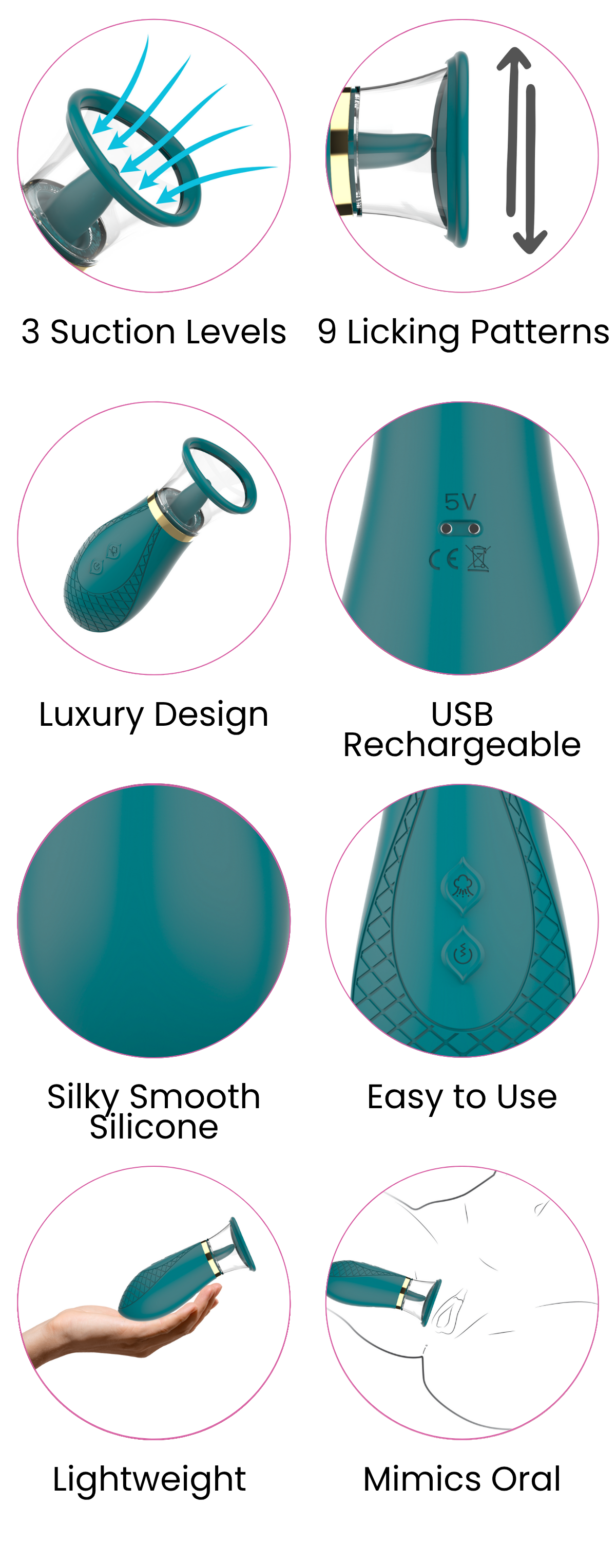 3 Suction Levels, 9 Licking Patterns, Luxury Design, USB Rechargeable, Silky Smooth Silicone, Easy to Use, Lightweight , Mimics Oral