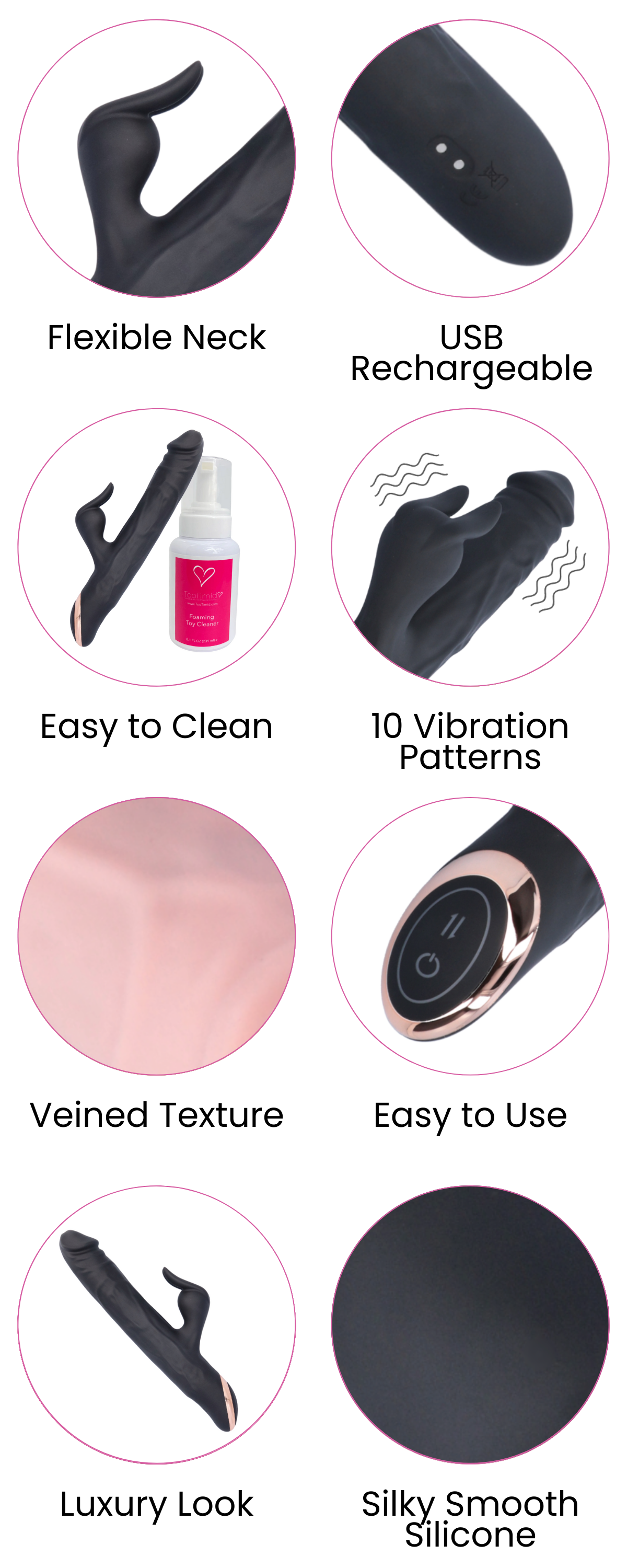 Flexible Neck, USB Rechargeable, Easy to Clean, 10 Vibration Patterns, Veined Texture, Easy to Use, Luxury Look, Silky Smooth Silicone