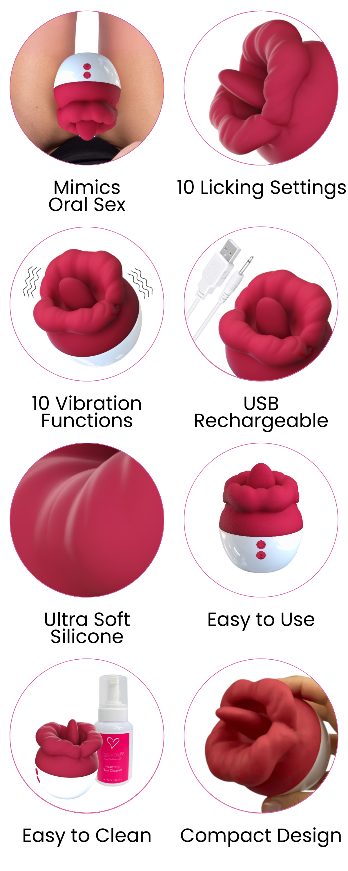 Mimics Oral Sex, 10 Licking Settings, 10 Vibration Functions, USB Rechargeable, Ultra Soft Silicone, Easy to Use, Easy to Clean, Compact Design