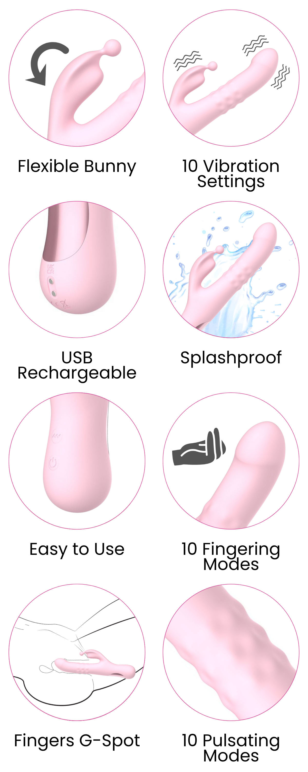 Flexible Bunny, 10 Vibration Settings, USB Rechargeable, Splashproof, Easy to Use, 10 Fingering Modes, Fingers G-Spot, 10 Pulsating Modes