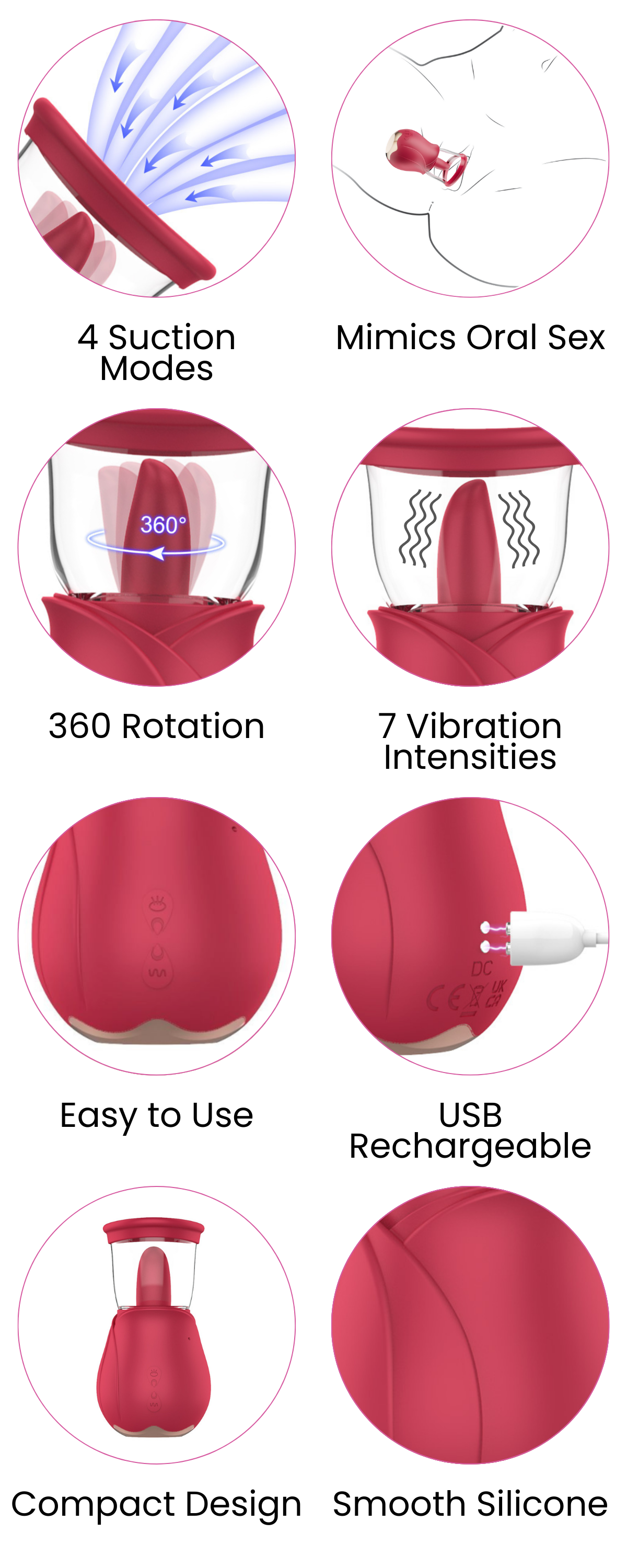 4 Suction Modes, Mimics Oral Sex, Vibration Intensities, 360 Rotation, Easy to UseUSB Rechargeable, Compact Design, Smooth Silicone