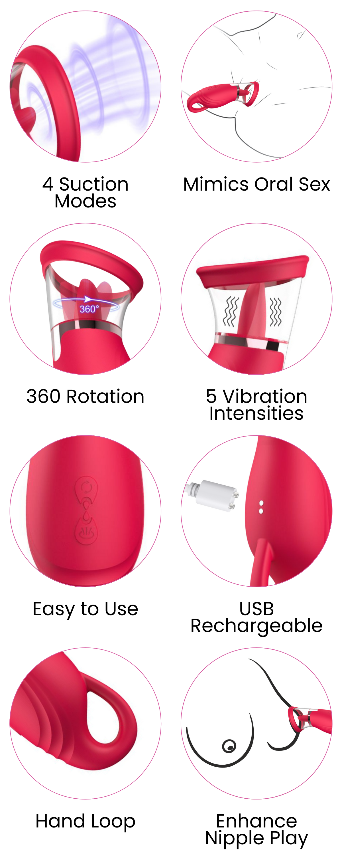 4 Suction Modes, Mimics Oral Sex, 360 Rotation, 5 Vibration Intensities, Easy to Use, USB Rechargeable, Hand Loop, Enhance Nipple Play