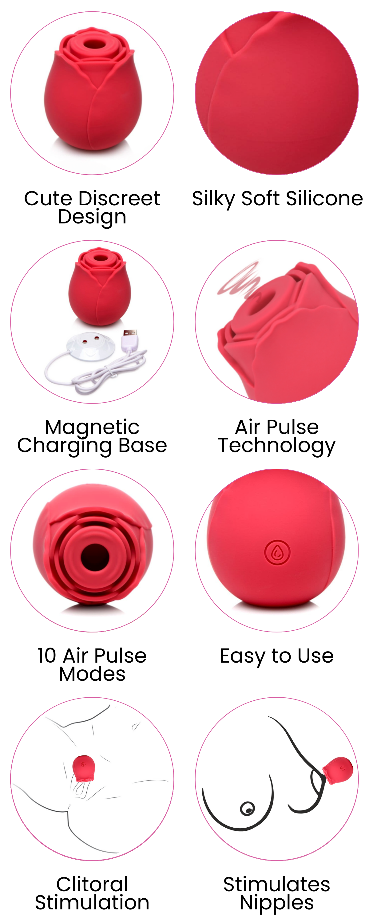 Cute Discreet Design, Silky Soft Silicone, Magnetic Charging Base, Air Pulse Technology, 10 Air Pulse Modes, Easy To Use, Clitoral Stimulation, Stimulates Nipples