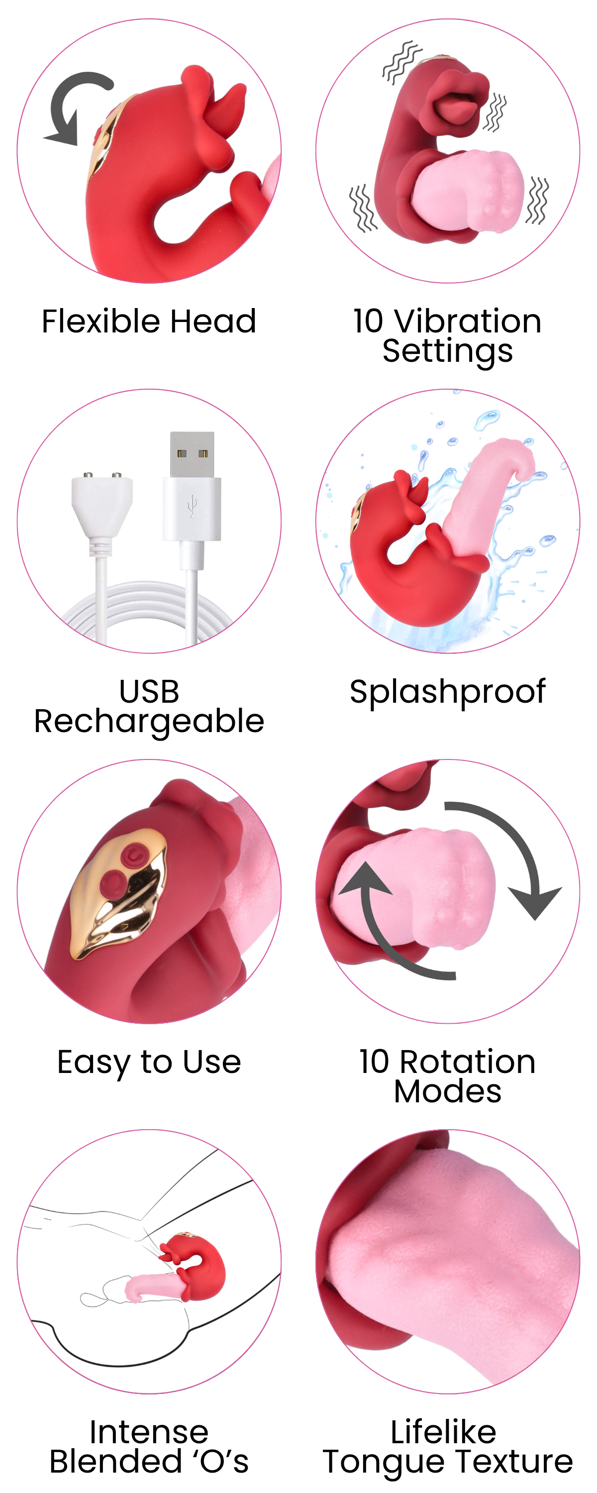 Flexible Head, 10 Vibration Settings, USB Rechargeable, Splashproof, Easy to Use, 10 Rotation Modes, Intense Blended ‘O’s, Lifelike  Tongue Texture
