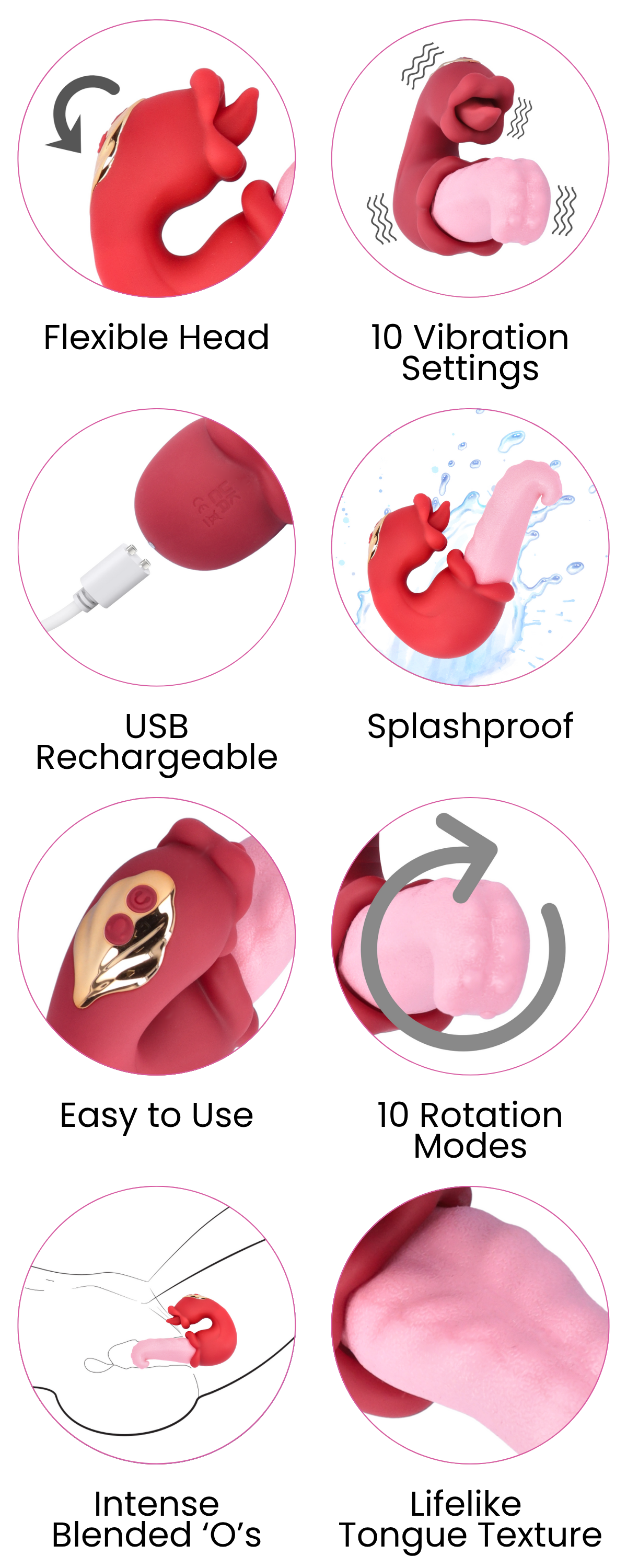 Flexible Head, 10 Vibration Settings, USB Rechargeable, Splashproof, Easy to Use, 10 Rotation Modes, Intense Blended ‘O’s, Lifelike  Tongue Texture