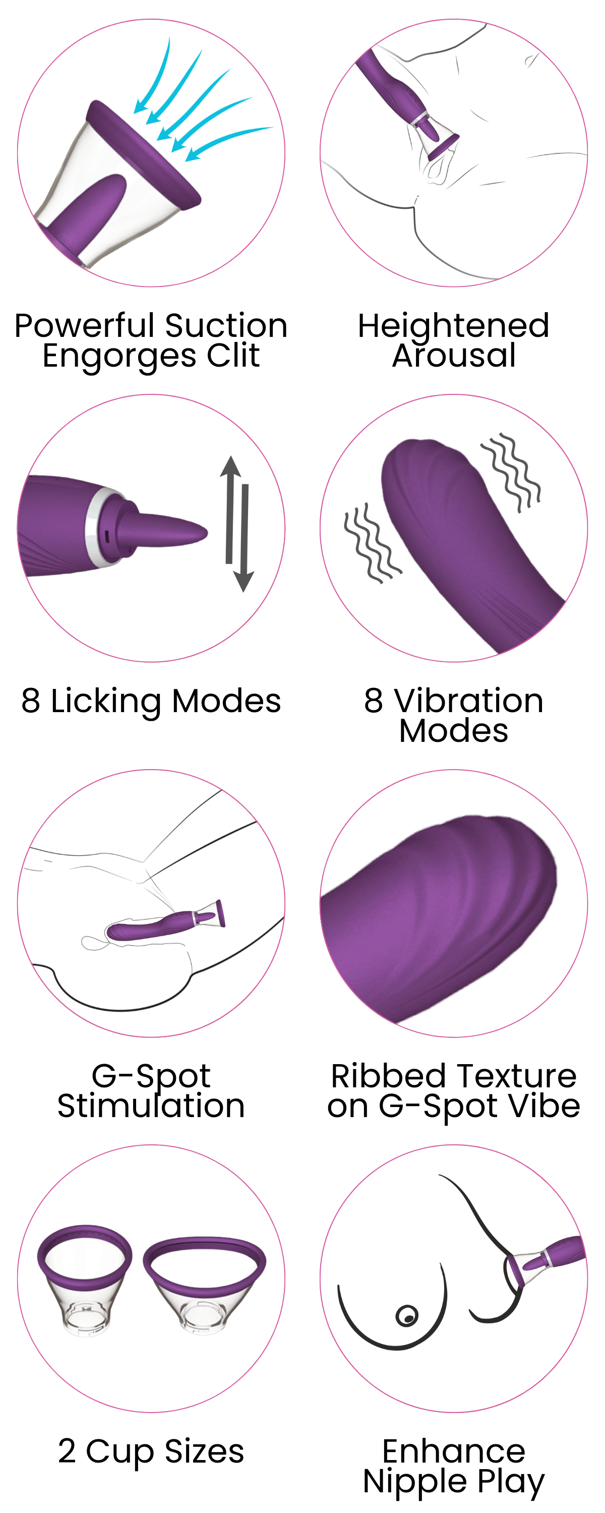 Powerful Suction Engorges Clit, Heightened Arousal, 8 Licking Modes, 8 Vibration Modes, G-Spot Stimulation, Ribbed Texture on G-Spot Vibe, 2 Cup Sizes, Enhance Nipple Play