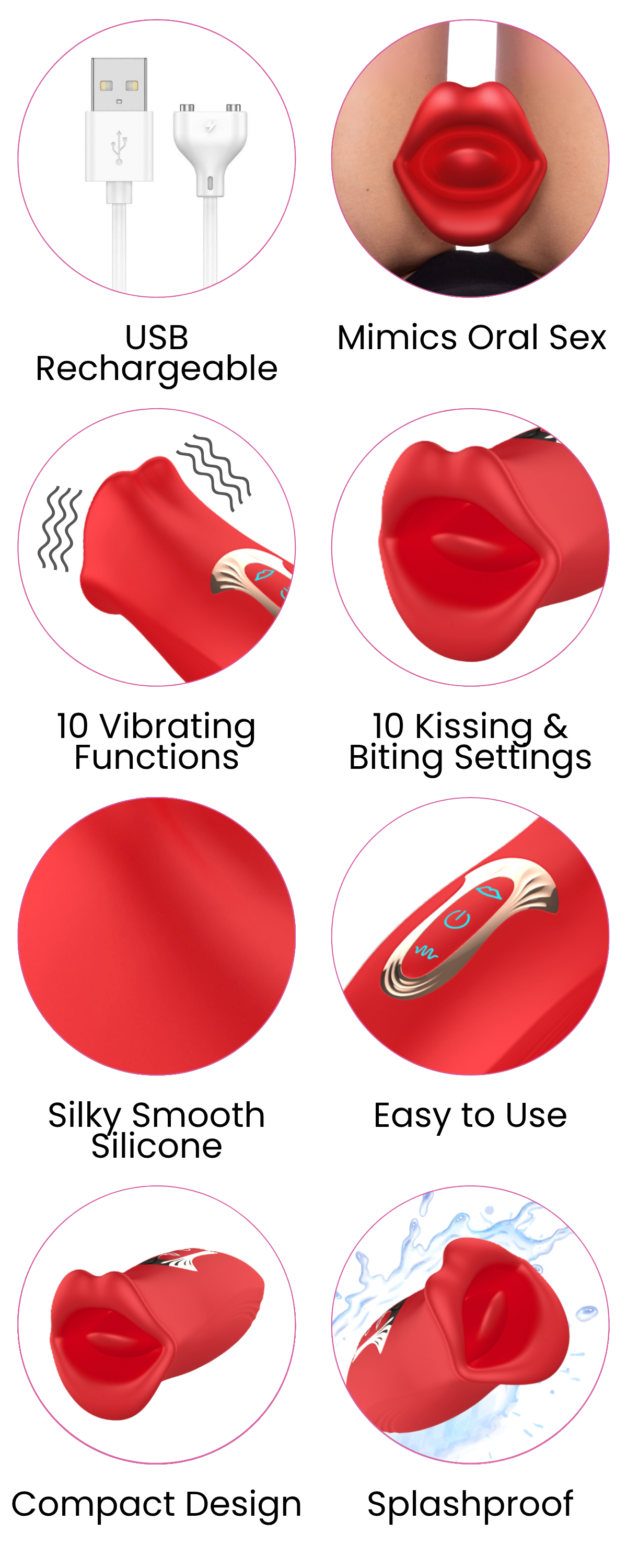 USB Rechargeable, Mimics Oral Sex, 10 Vibrating Functions, 10 Kissing & Biting Settings, Silky Smooth Silicone, Easy to Use, Compact Design, Splashproof