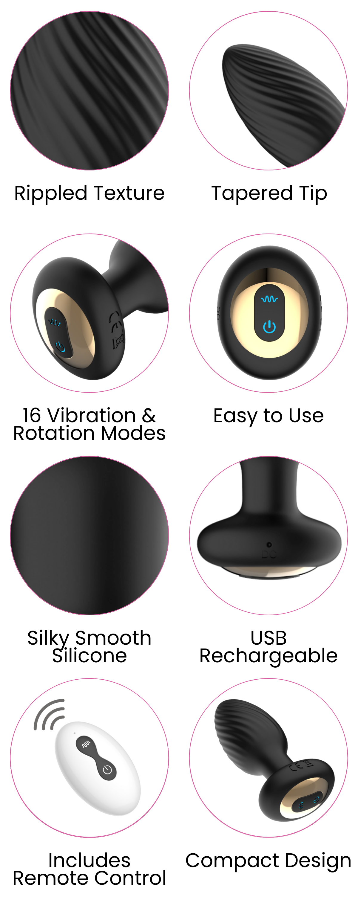 Rippled Texture, Tapered Tip, 16 Vibration & Rotation Modes, Easy to Use, Silky Smooth Silicone, USB Rechargeable, Includes Remote Control, Compact Design