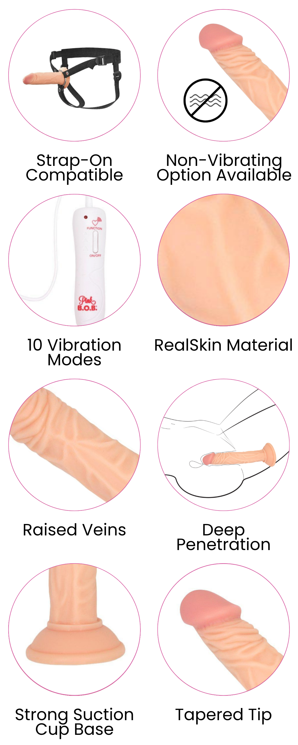 Strap-On Compatible, Non-Vibrating Option Available, 10 Vibration Modes, RealSkin Material, Raised Veins, Deep Penetration, Strong Suction Cup Base, Tapered Tip