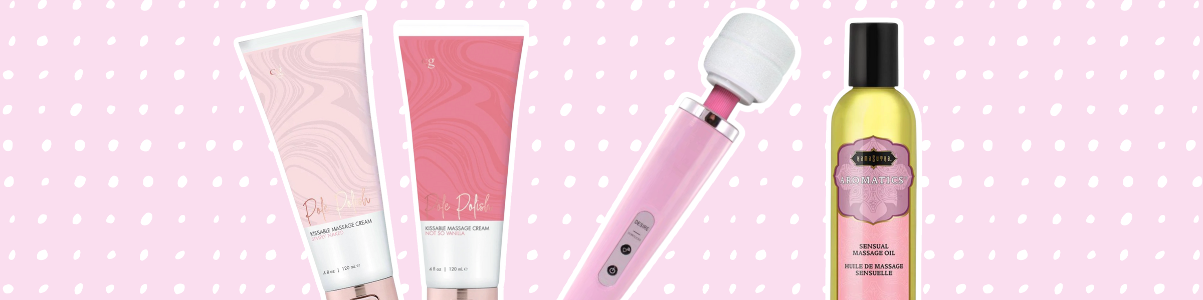 Image of our best-selling relaxation and intimacy products on a pink background with polka dots. The products featured include Pole Polish massage cream, best-selling body wand massager, and massage oil.