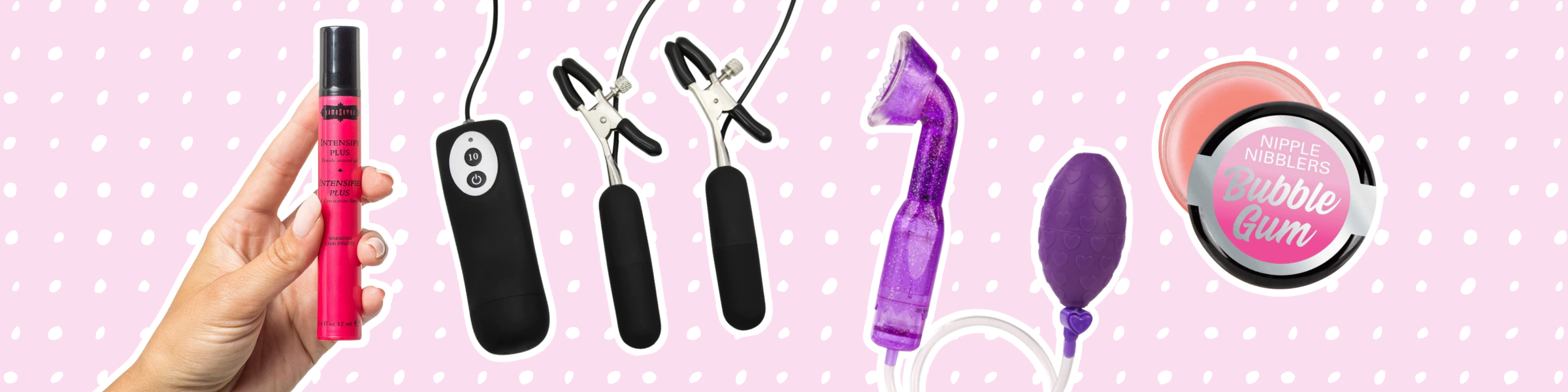 Image of our top selling sexual arousal products on a pink background with polka dots. Image includes an intense clit stimulation cream, vibrating nipple clamps, suction clit pump, and nipple stimulant.