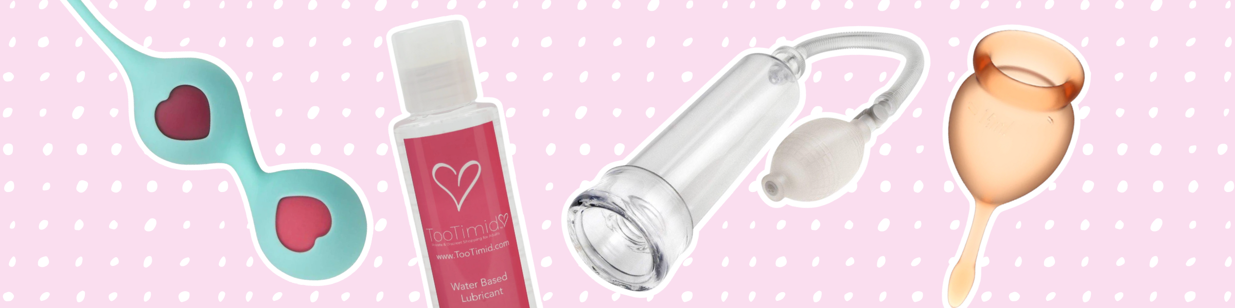 Image of sexual health and wellness products on pink background with polka dots. The products included in this image are a set of pelvic floor exercisers, water-based lubricant, penis pump, and menstrual cup.