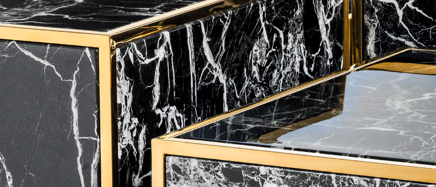 Metallic finishes and faux marble detail