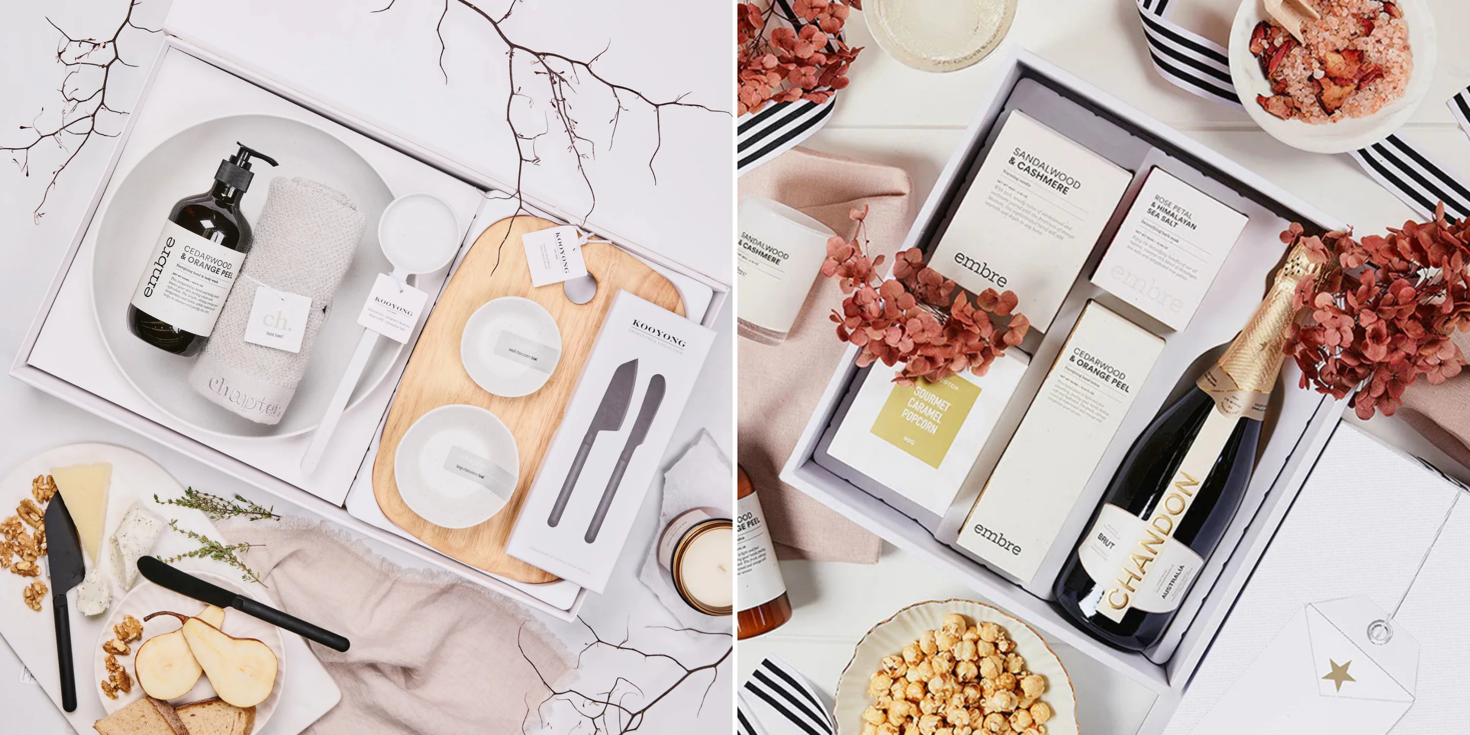 Luxury gift hampers with premium skincare, champagne and gourmet treats
