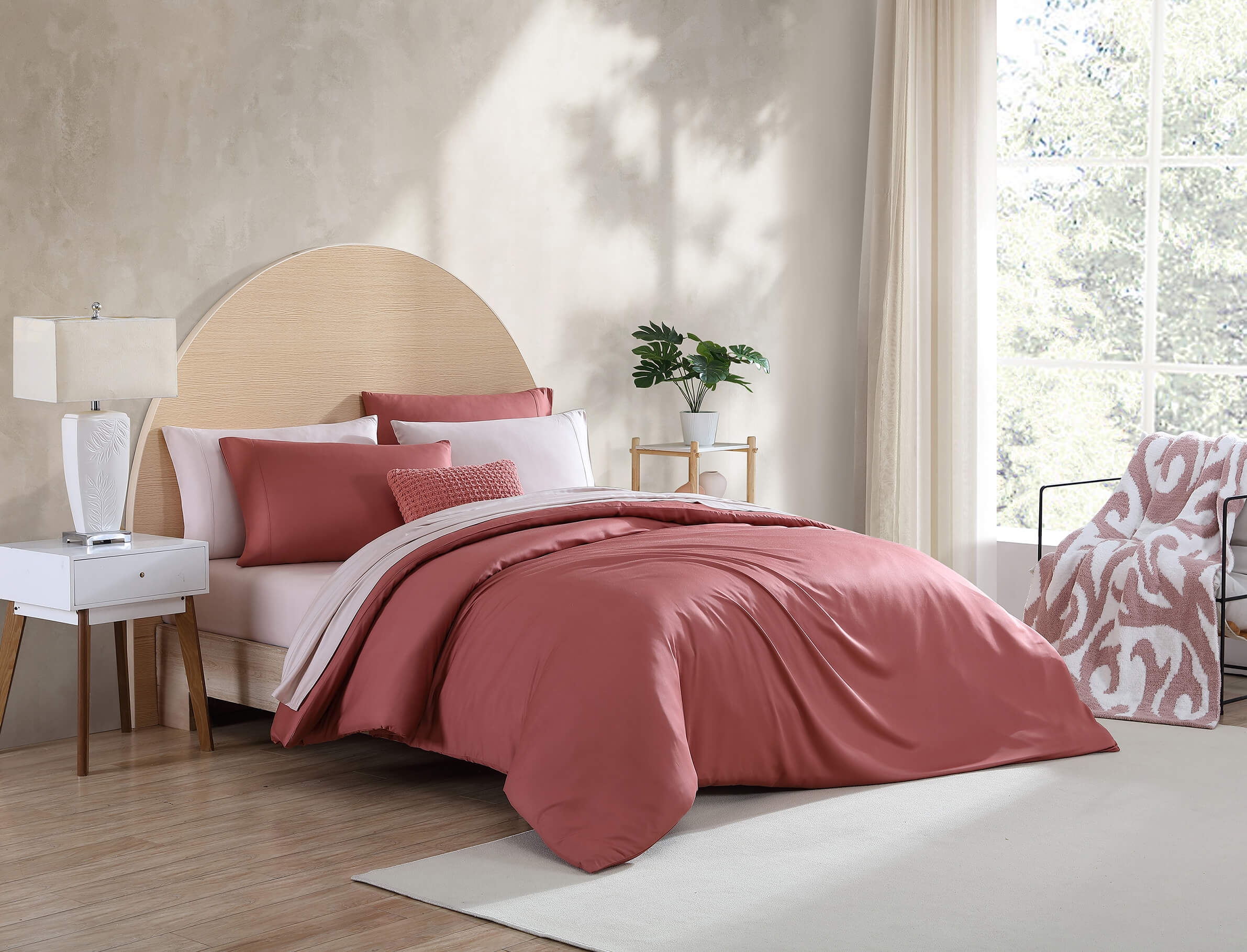 Premium Bamboo Duvet Cover. Sunday Citizen Duvet Cover. Bamboo Duvet. Clay Duvet Cover. Pink Red Bedding. Clay duvet cover bedding inspo. Simple modern boho bedroom.