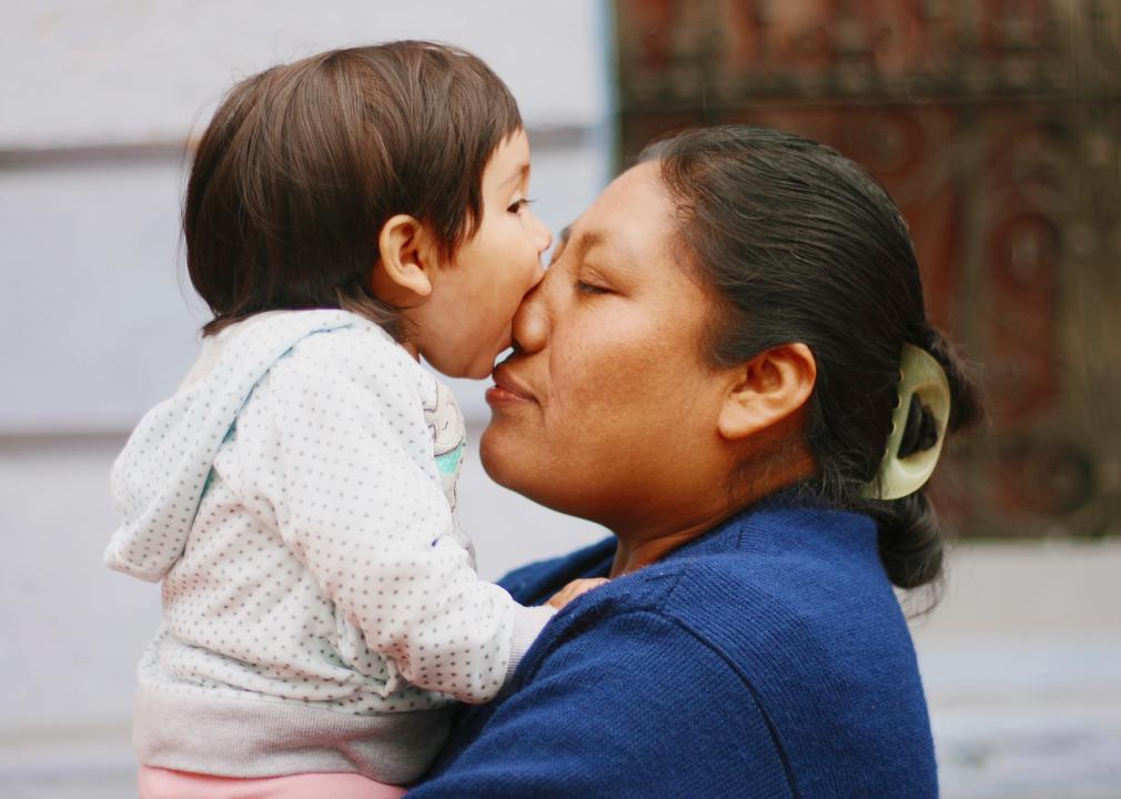 Mom holding her little girl. Mom holding her child. Mother's Day Bolivia,