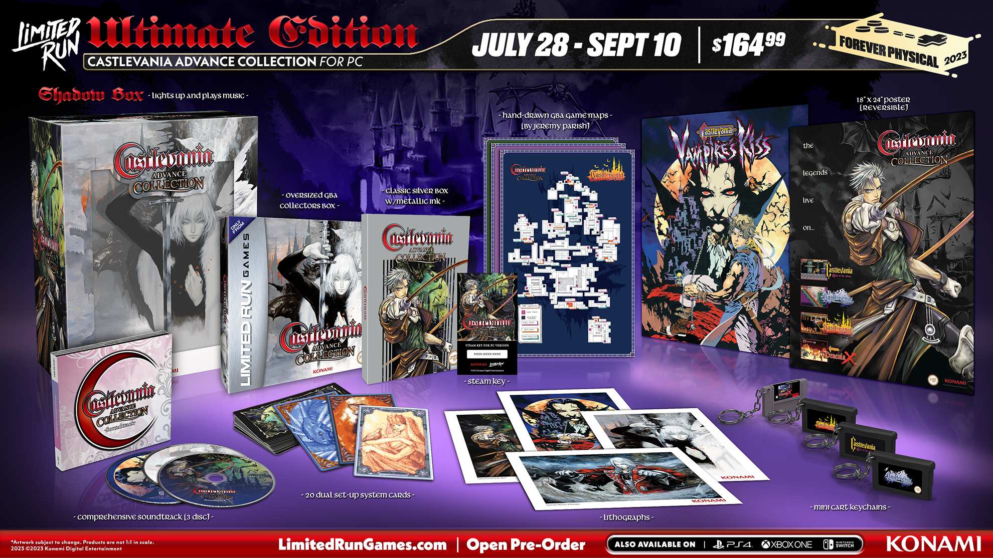 Castlevania Advance Collection for Switch, PS4, Xbox, and PC (Steam key) +  merch from Limited Run Games go on sale on Friday July 28th, 10am ET. Open  pre-orders until September 10th. 